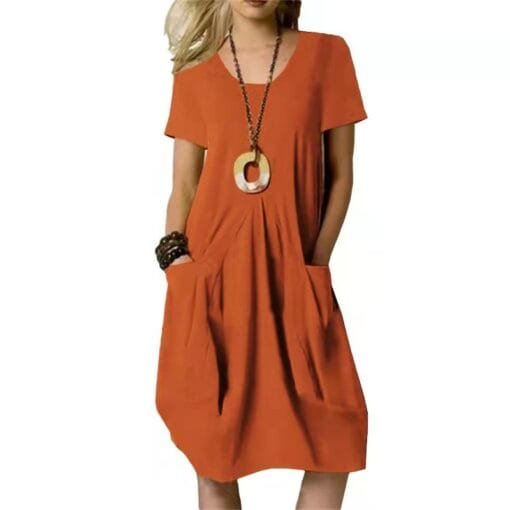 Cotton And Linen Solid Color Loose Round Neck Short Sleeve Dress - Image 5