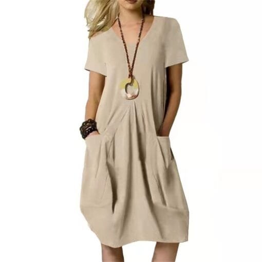 Cotton And Linen Solid Color Loose Round Neck Short Sleeve Dress - Image 3