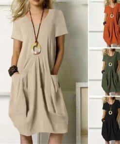 Cotton And Linen Solid Color Loose Round Neck Short Sleeve Dress